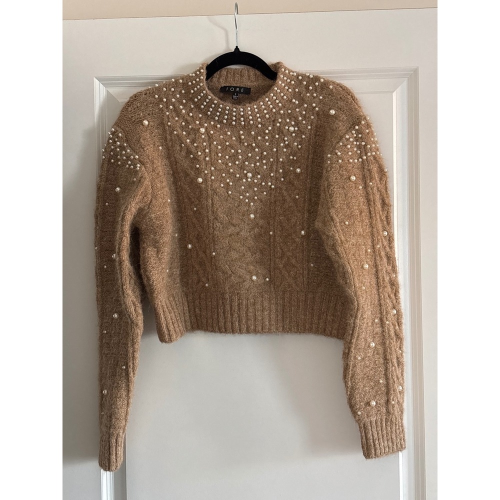 FORE Cable Knit Pearl‎ Embellished Fuzzy Sweater Tan Brown Size S